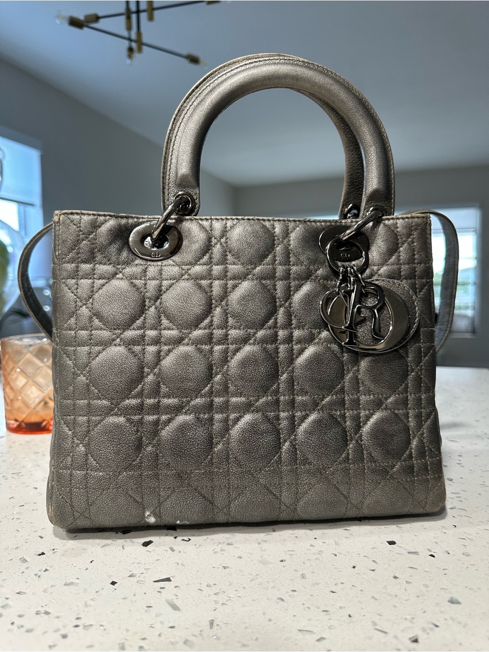 Dior Metallic Silver Quilted Lady Dior Satchel